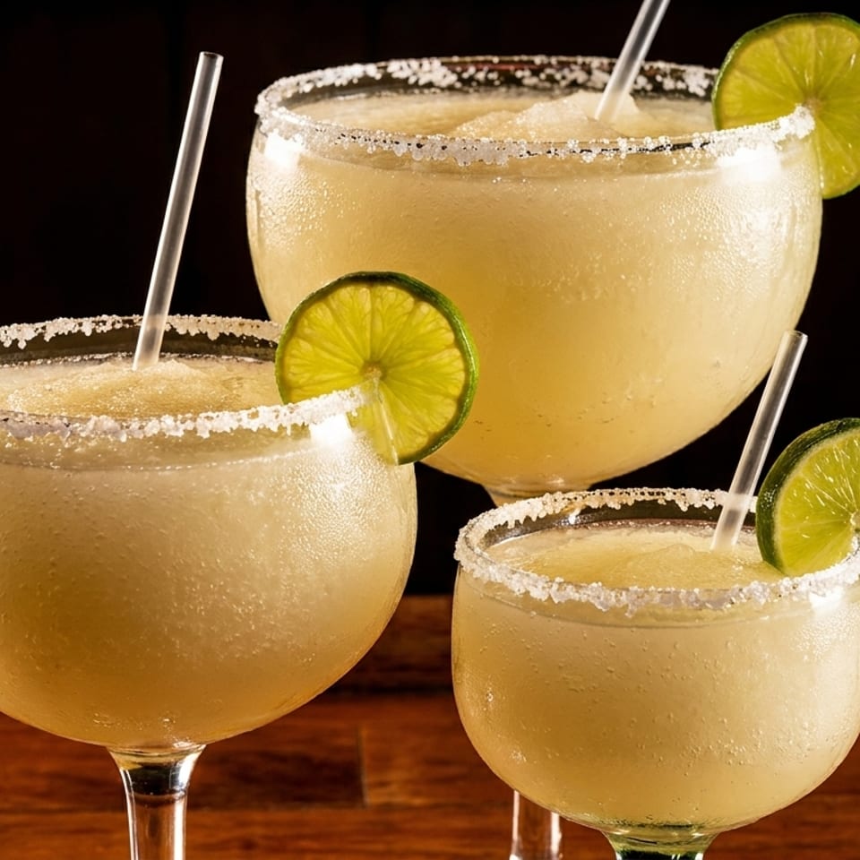Three frosty margaritas with salt rims, lime wedges, and straws on a dark wooden surface.