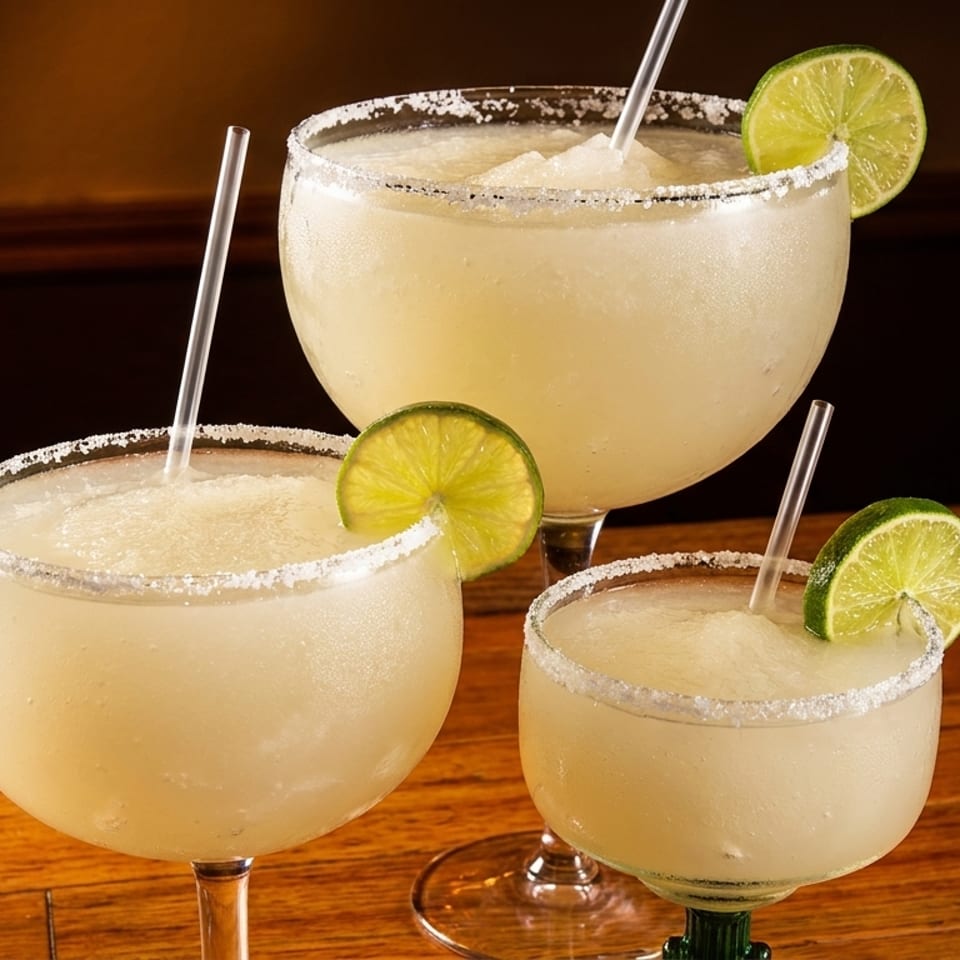 Three frosty margaritas with salt rims, lime wedges, and straws on a wooden bar.